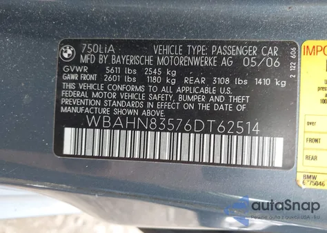 2006 BMW 750Li из США, поврежденный, VIN WBAHN83576DT62514